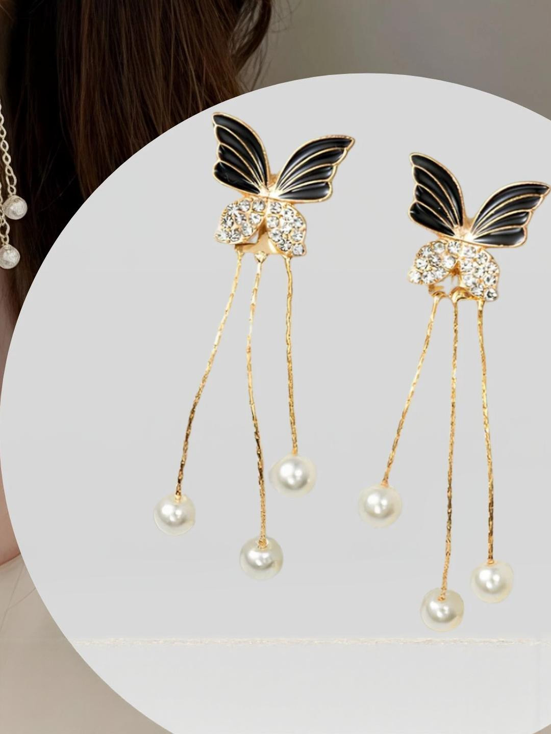 White Crystal Studded Drop Butterfly Designed Gold Plated Earring
