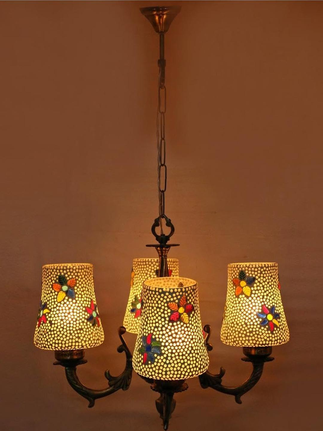 Somil Antique 4-Light Chandelier with Mosaic Glass Shades, Multicolour Lighting Effect, Metal Fitting. LED Compatible. Dia: 48 X 48 X 100 Cm.