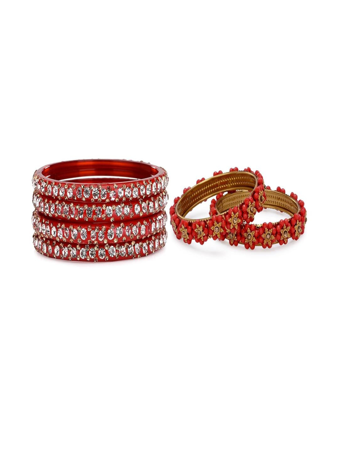 SOMIL Set Of 6 Red And Multicolor Glass Artificial Stones and Beads Bangles