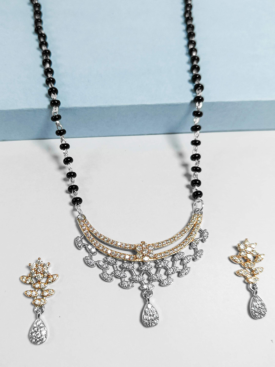 925 Sterling Silver Rose Gold-Plated Zircon Studded Forever Love Mangalsutra With Earrings