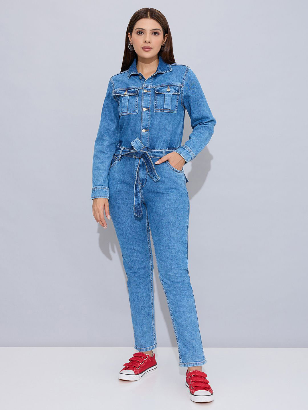 STORMY JEANS Women Shirt Collar Basic Denim Jumpsuit