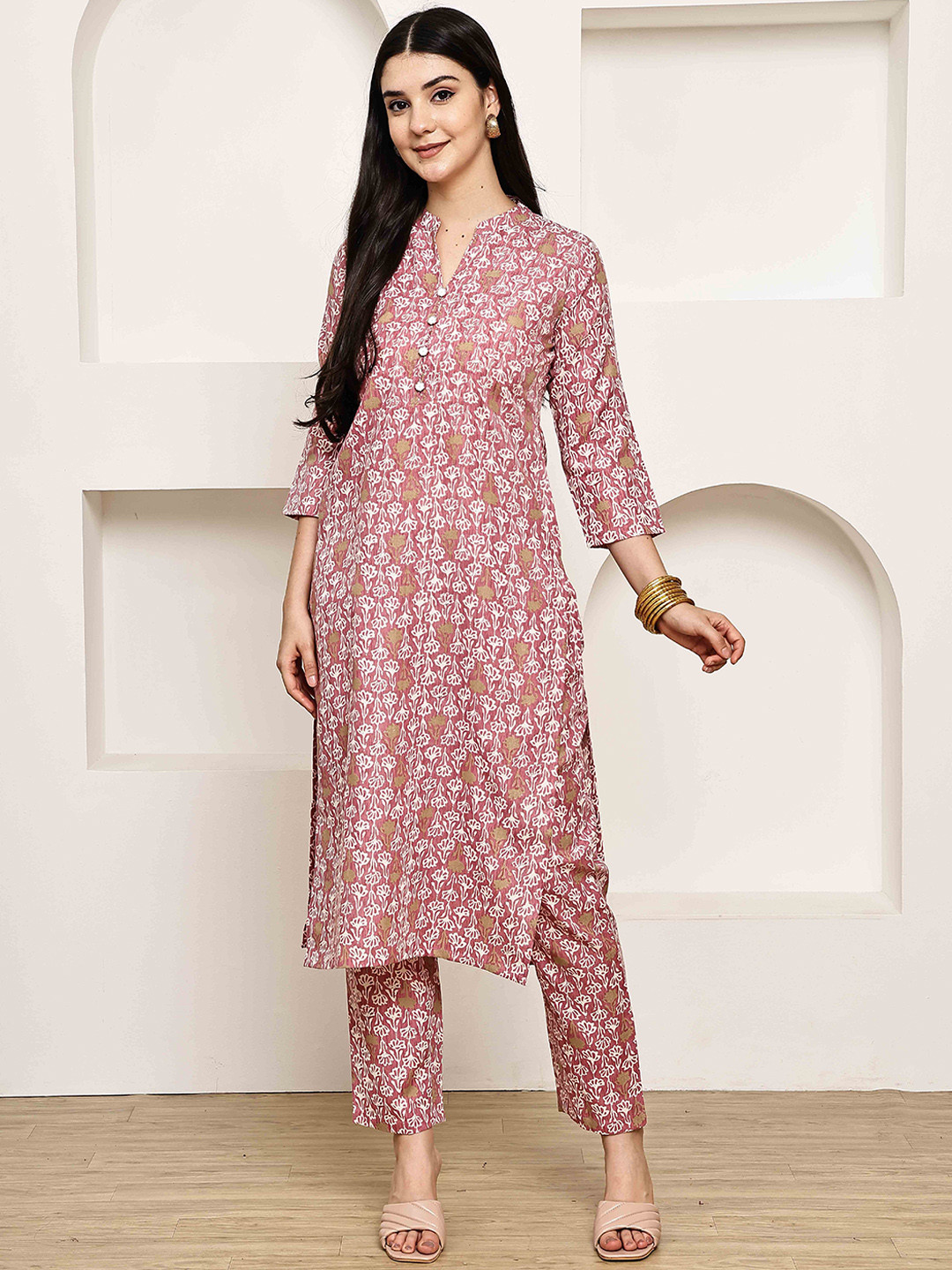 Merira Printed Cotton Mandarin Collar Tunic With Trousers Co-Ords