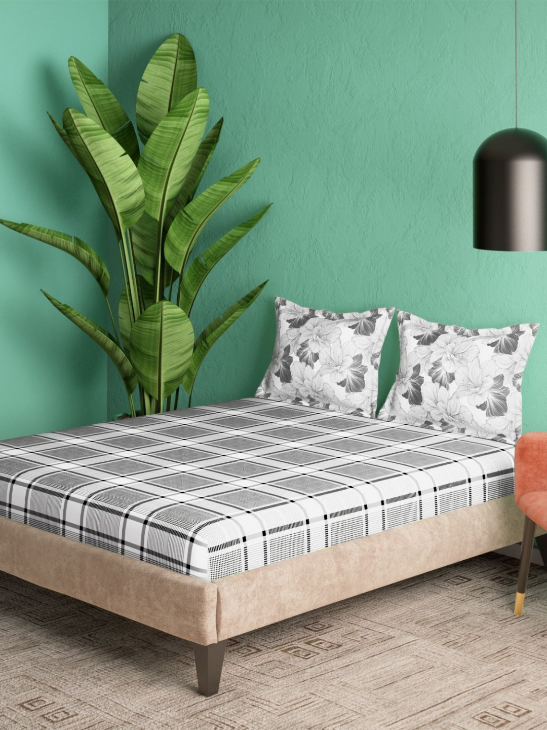 Portico Noir Harmony Black Checked Cotton 144 TC Double Queen Bedsheet Set-2.24m x 2.54m