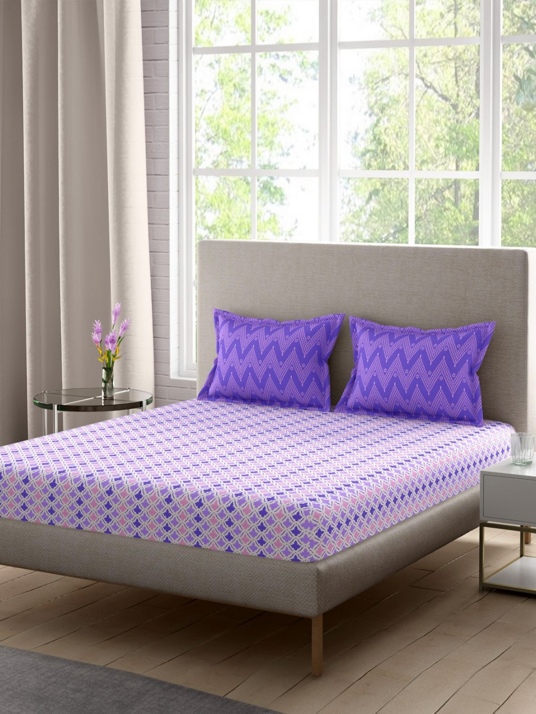 Portico Celestia Purple Printed Cotton140 TC Queen Bedsheet Set 2.24 m x 2.54 m