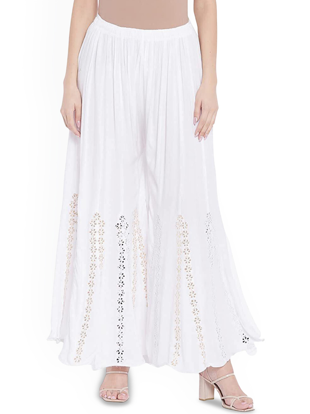 SRISARAS Women Floral Self Design Loose Fit Mid-Rise Cotton Parallel Trousers