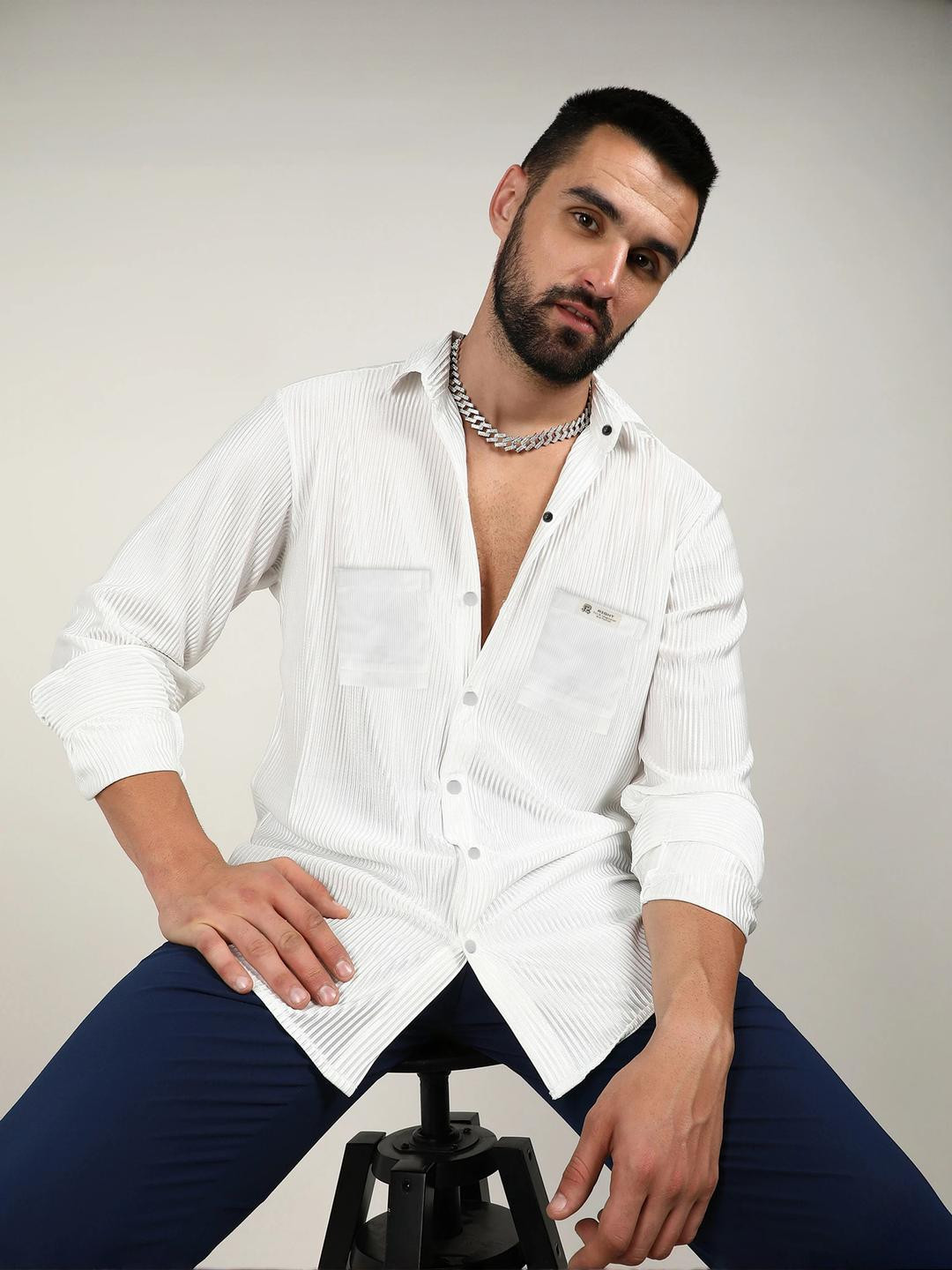 SZN Men White Polyester Long Sleeves Shirt