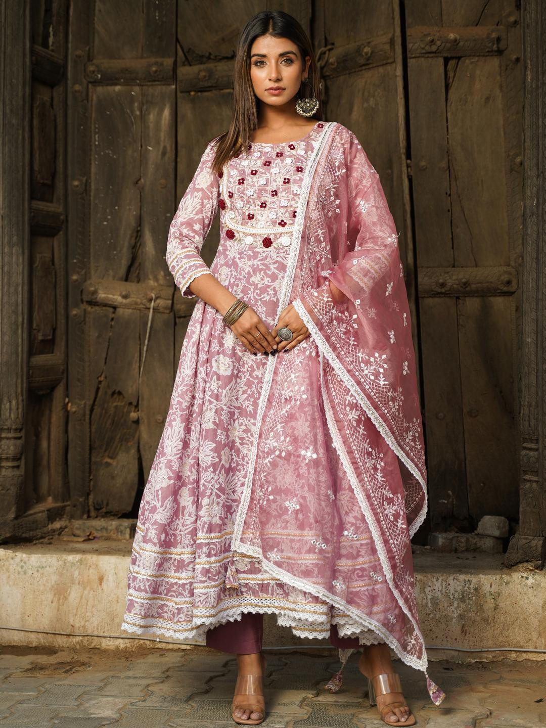 Aavanya Wine Hand Thread Work Cotton Anarkali Round Neck Kurta and Trouser With Dupatta