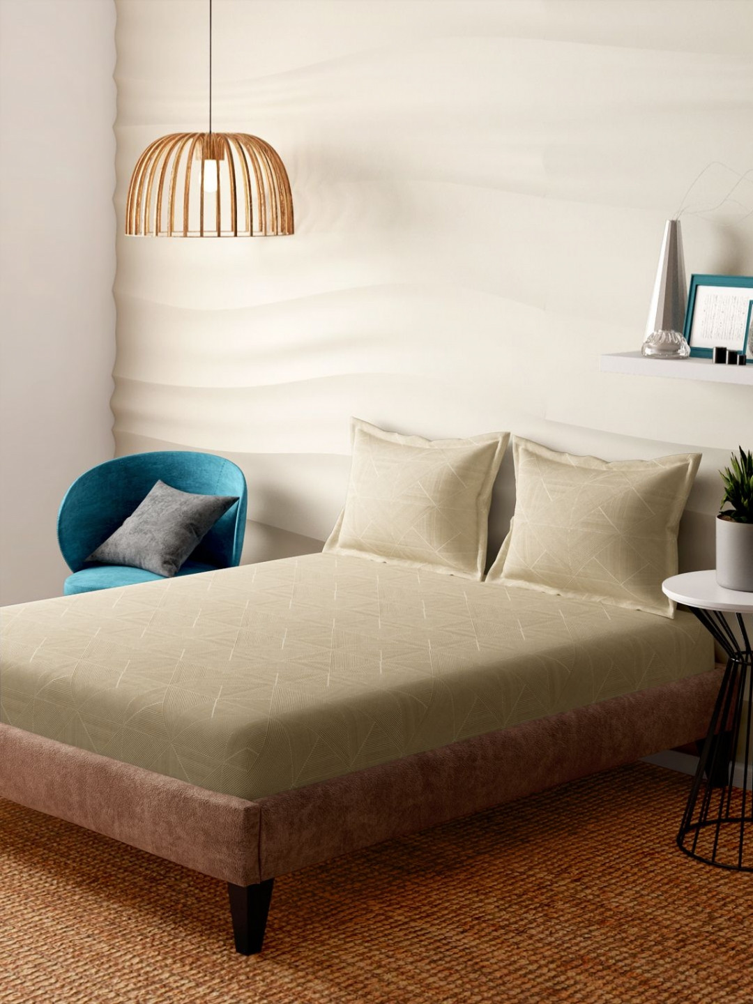 Portico Blendique Beige Striped Cotton 300 TC King Bedsheet Set 1.80m x 1.98m