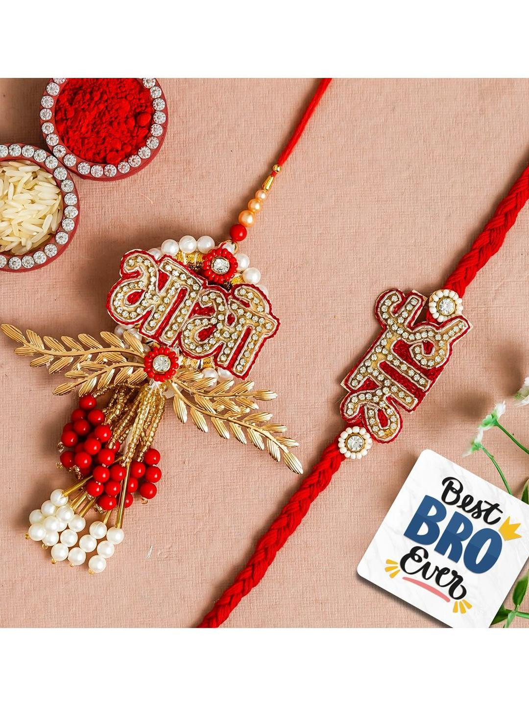 eCraftIndia Set Of 2 Stones Studded & Beaded Lord Ganesha Rakhis With Fridge Magnet
