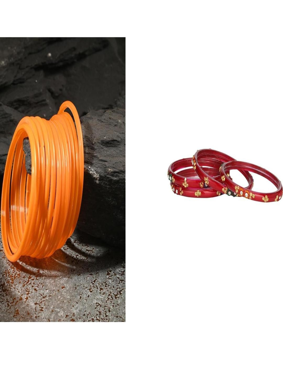 SOMIL Set Of 16 Women Orange & Red Artificial Stones and Beads Bangles Set