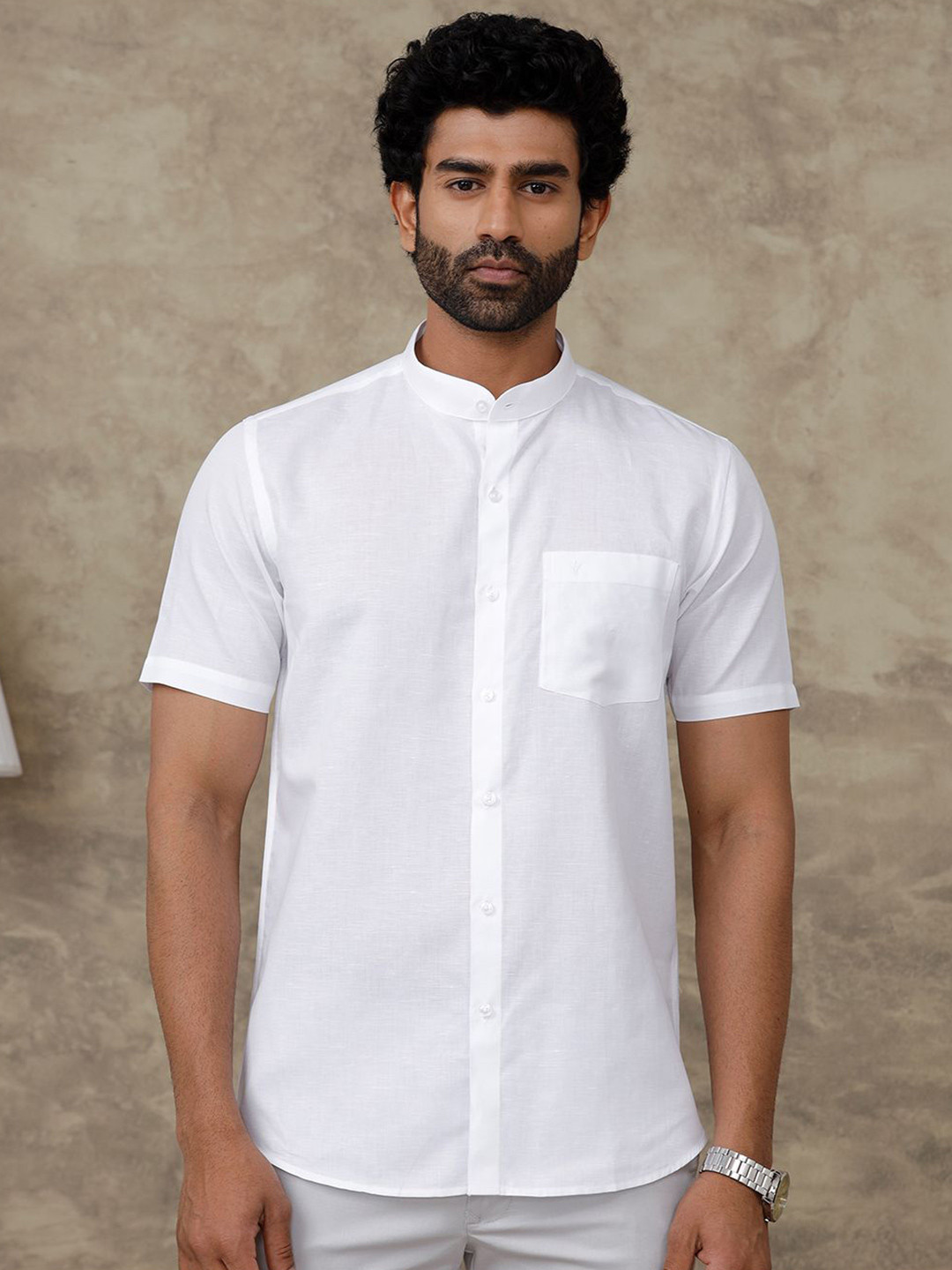 Ramraj Men Classic Fit Solid Mandarin Collar Linen Casual Shirt
