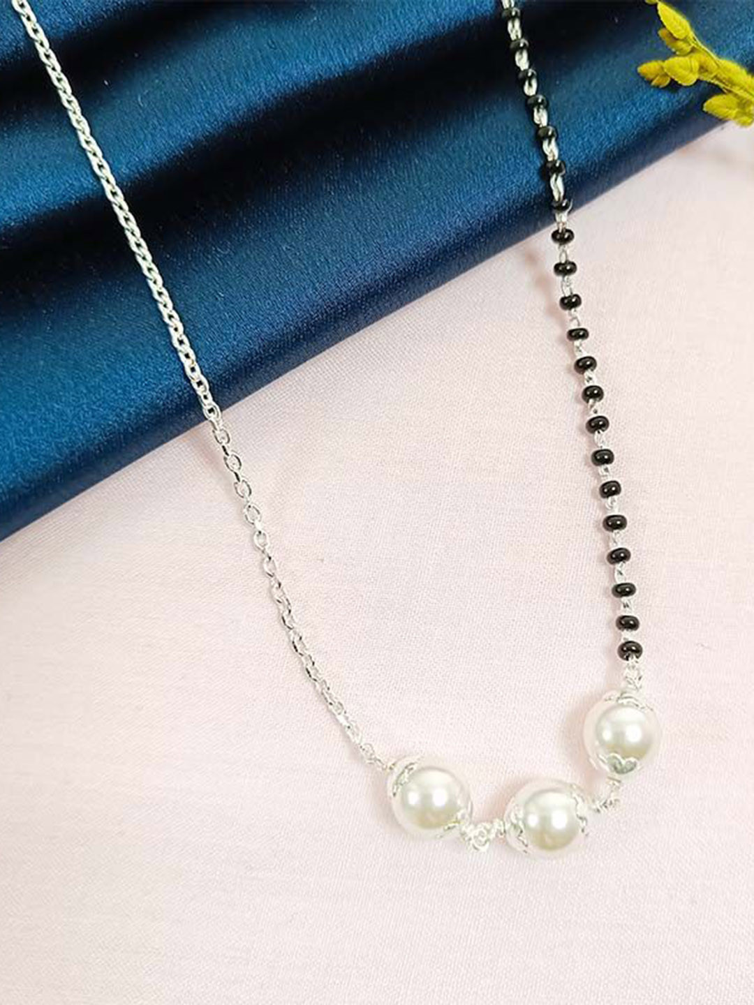 INARI SHINES Sterling Silver Rhodium-Plated Tri-Pearls Beaded Mangalsutra