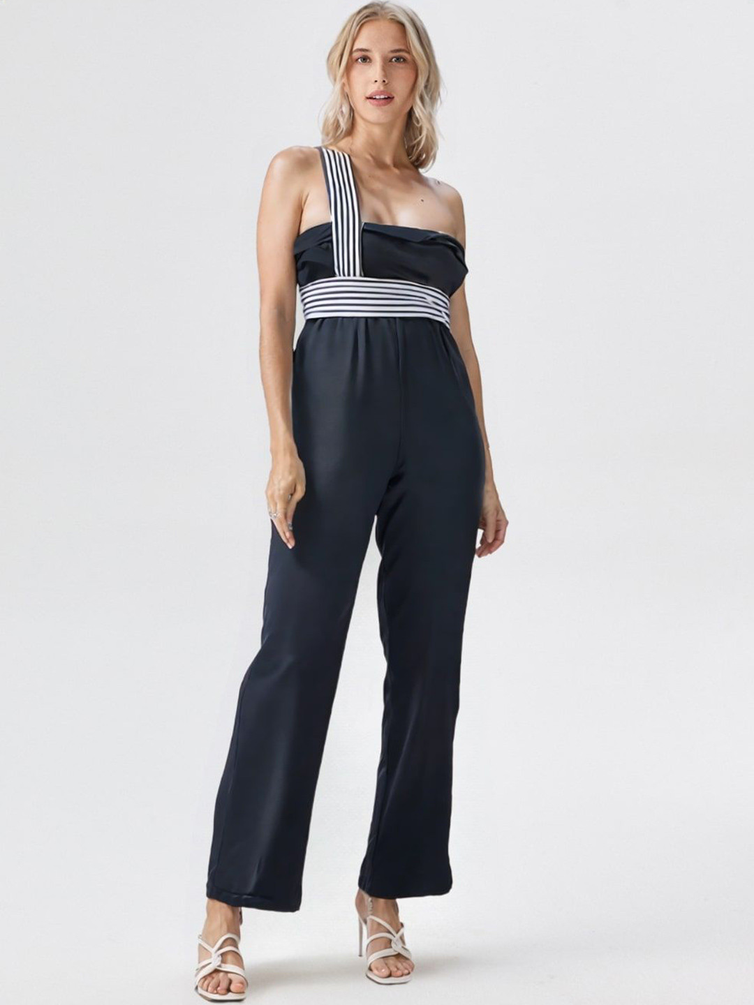 ARTYSKA Women Striped Monochrome One Shoulder Jumpsuit