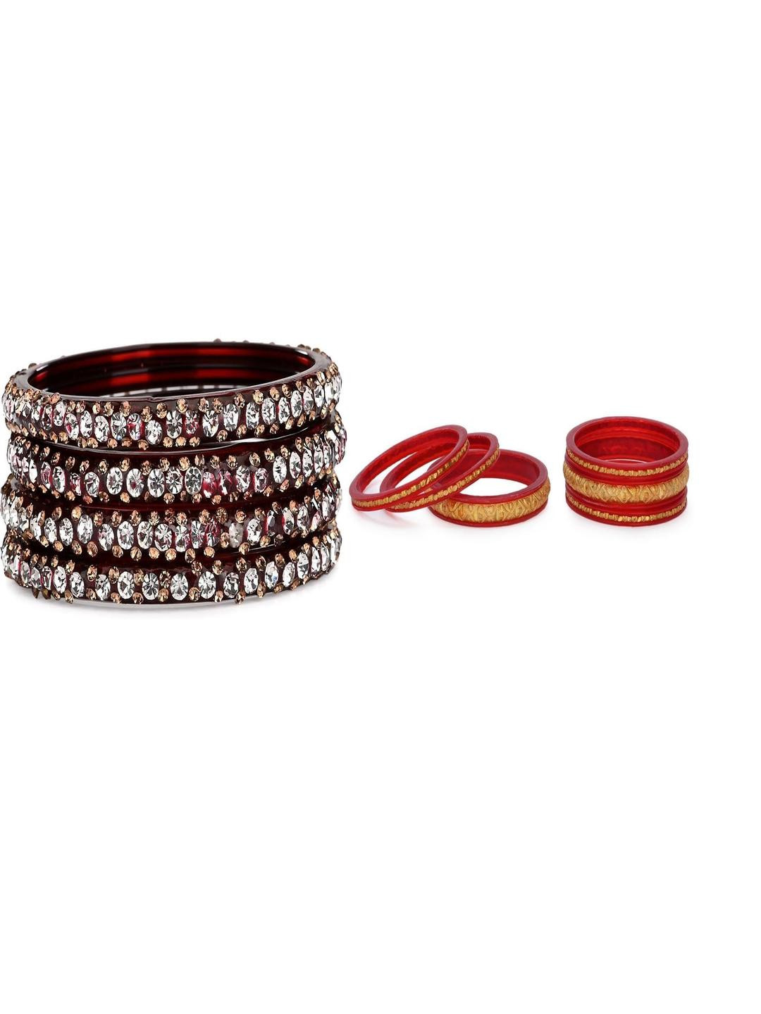 SOMIL Set Of 10 Red & Maroon Artificial Stones Beaded Glass Bangles