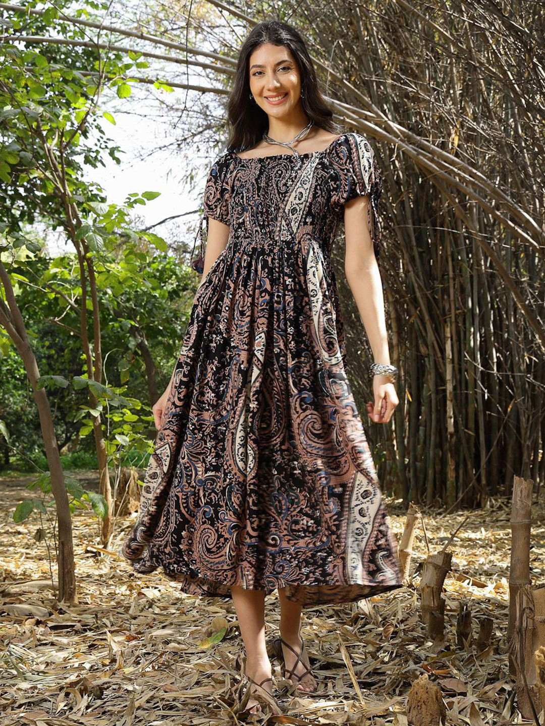 Stylum Women Ethnic Motifs Printed Puff Sleeve Fit & Flare Midi Dress