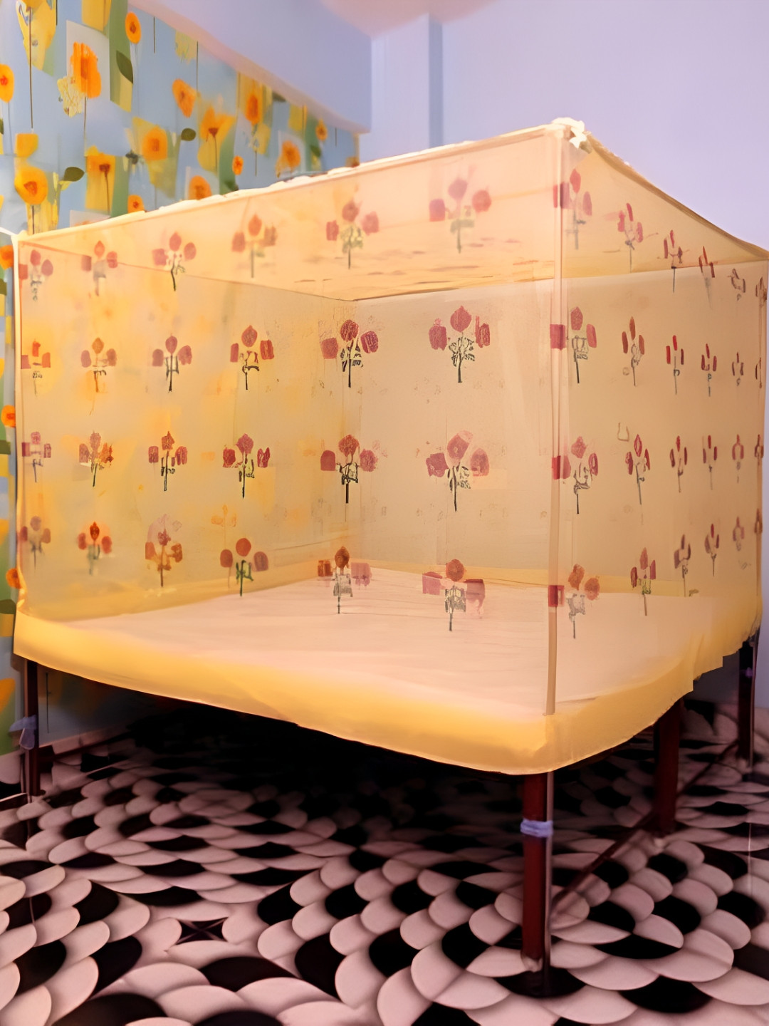 MEHON CRAFT Yellow & Red Queen Size Foldable Hanging Mosquito Net