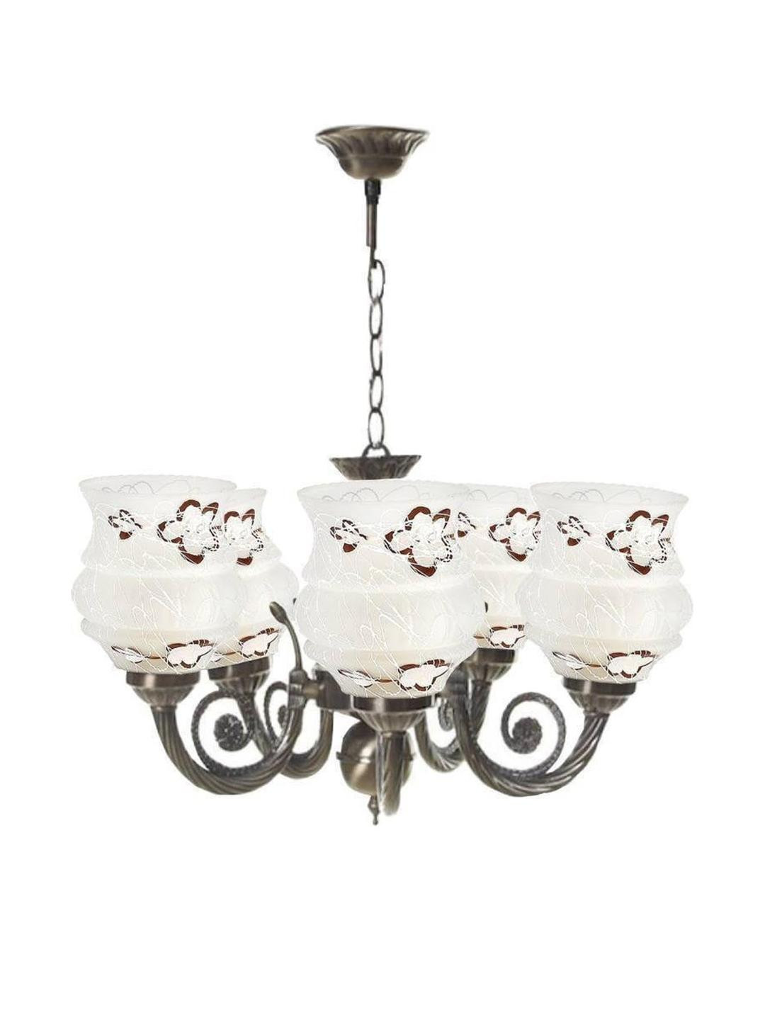 Somil Antique 5-Light Chandelier with Glass Shades, Brown and White Lighting Effect, Metal Fitting. LED Compatible. Dia: 42 X 42 X 100 Cm.