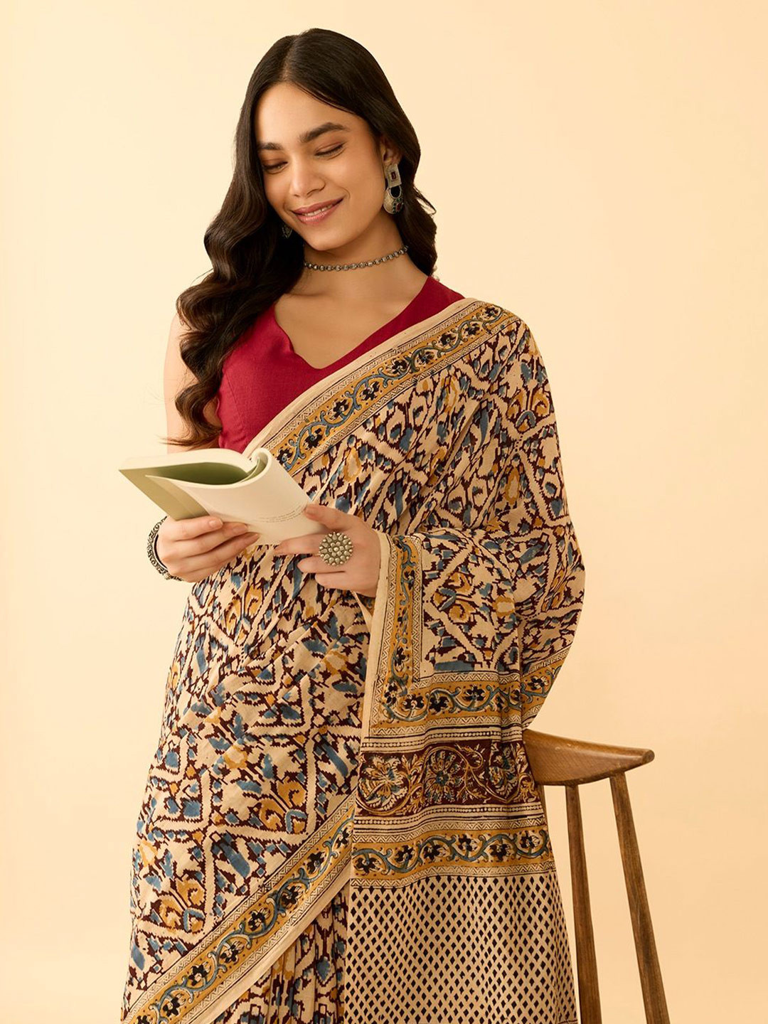 Taneira Kalamkari Aari Work Block Print Saree