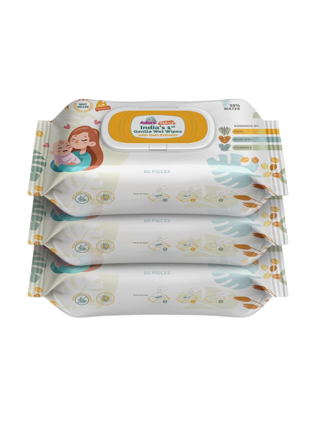 Adore Set Of 3 98% Pure Water Gentle Wipes With Oat Extracts - 80 Pcs Each