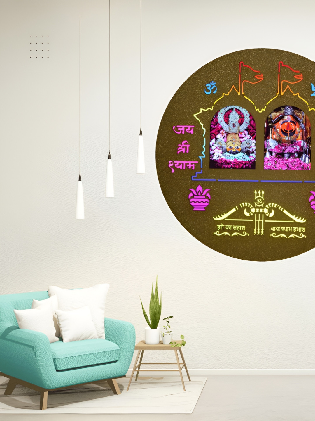 SHRI KHATU SHYAM CREATION Olive Green & Pink Single Piece Wood Religious Wall Photographs