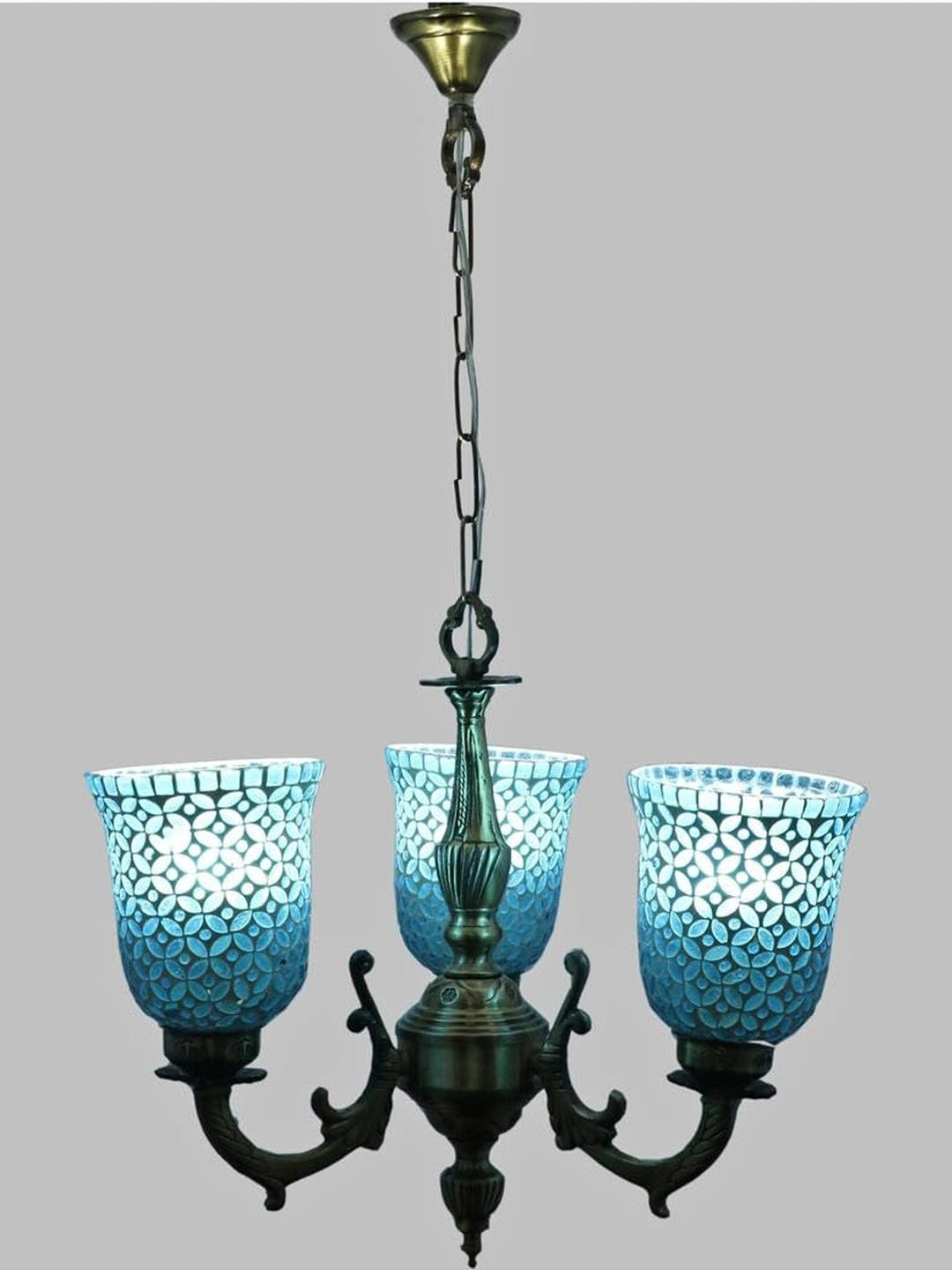 Somil Antique 3-Light Chandelier with Mosaic Glass Shades, Firozi and White Lighting Effect, Metal Fitting. LED Compatible. Dia: 48 X 48 X 100 Cm.