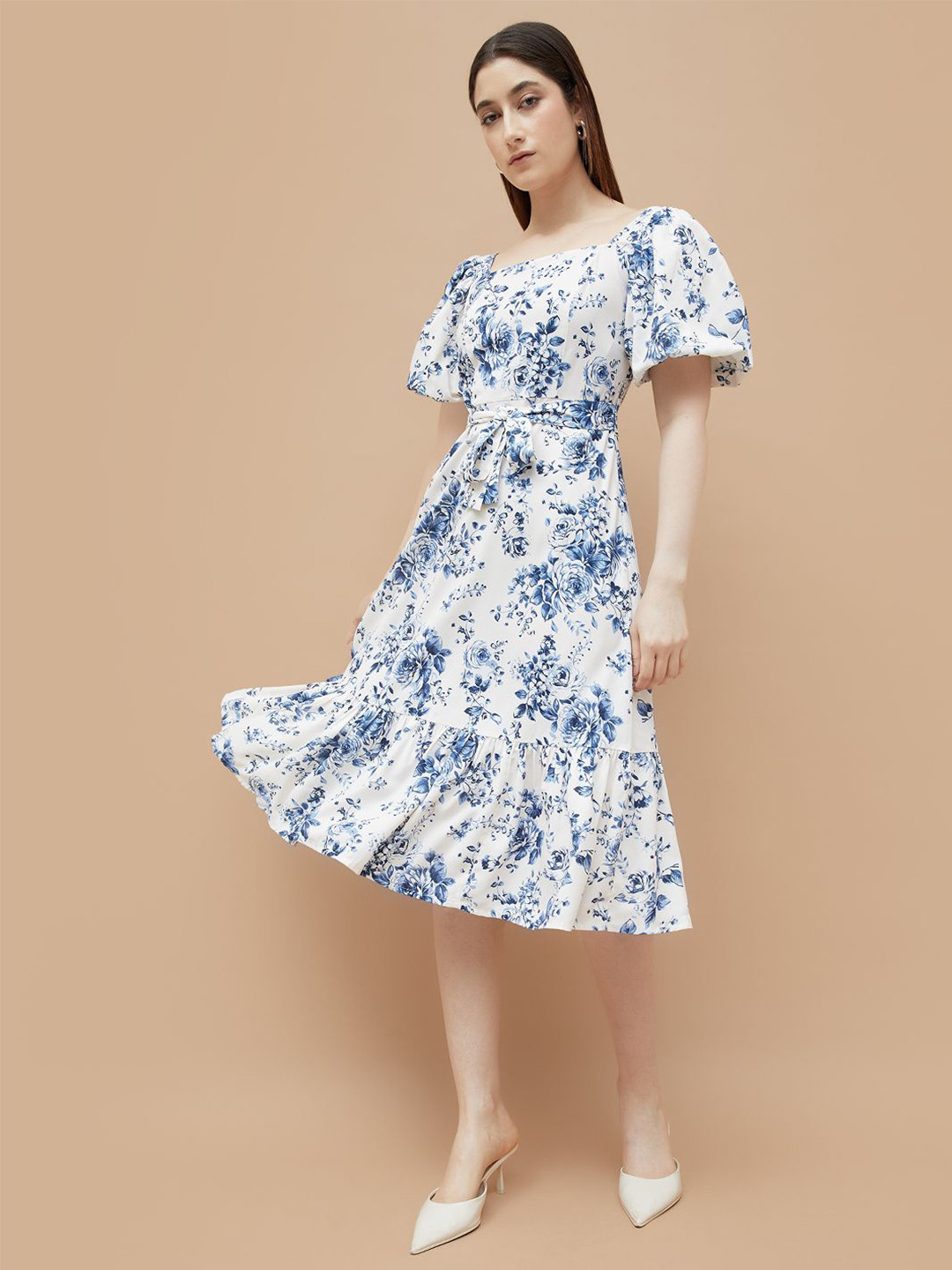 CODE by Lifestyle Floral Print Flared Sleeve Square Neck Fit & Flare Midi Dress