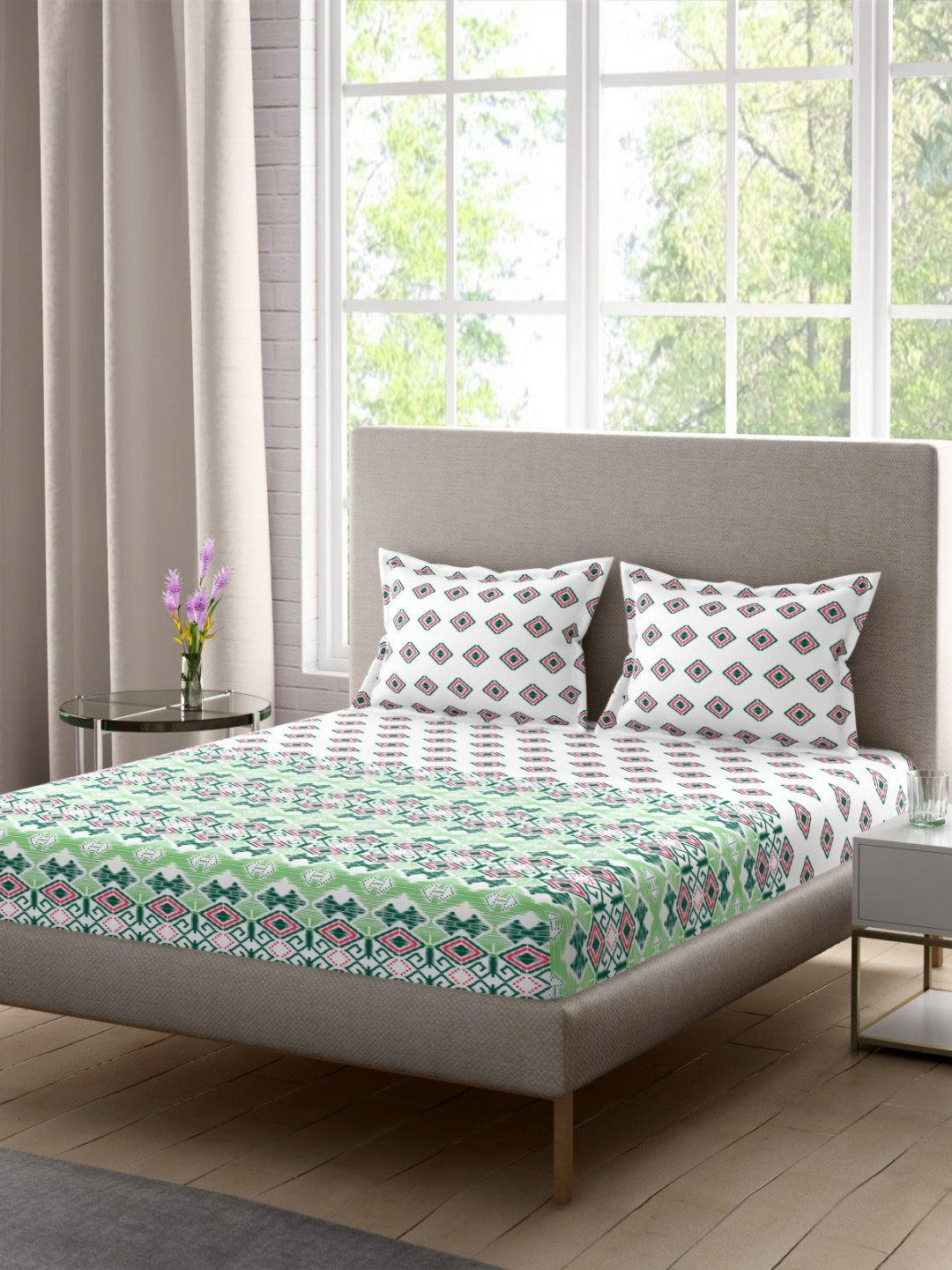 Portico Dusklight White Printed Cotton 144 TC Super King Bedsheet Set 2.74 m x 2.74 m