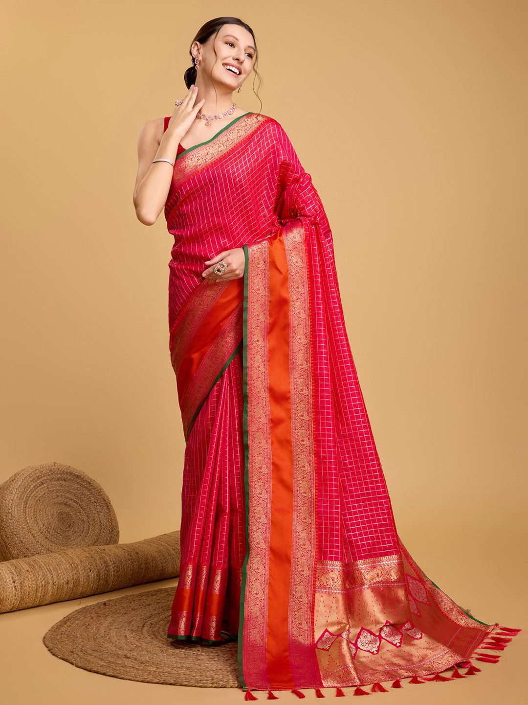 OFLINE SELECTION Checked Zari Art Silk Paithani Saree