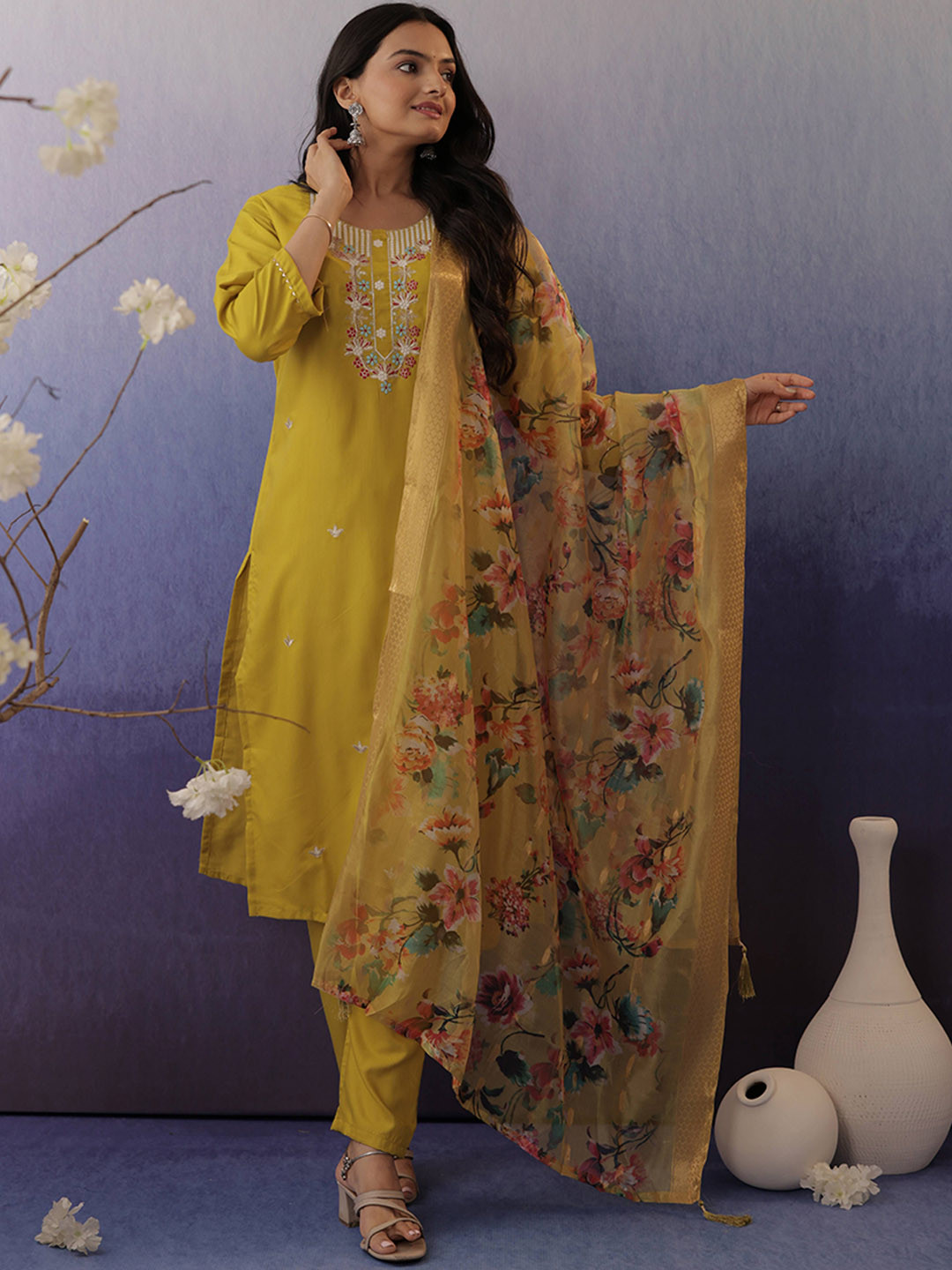 VAIDDO Women Embroidered Regular Kurta with Trousers & With Dupatta