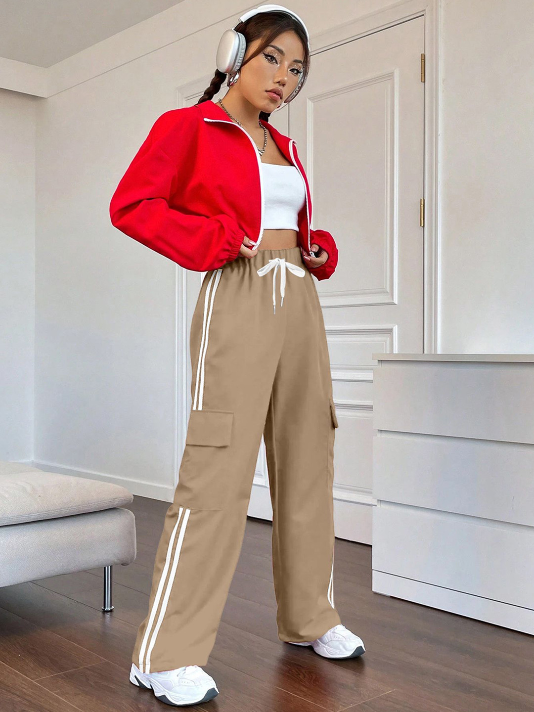 RAJOVATI Women Side Striped Relaxed Fit Cargo Track Pants