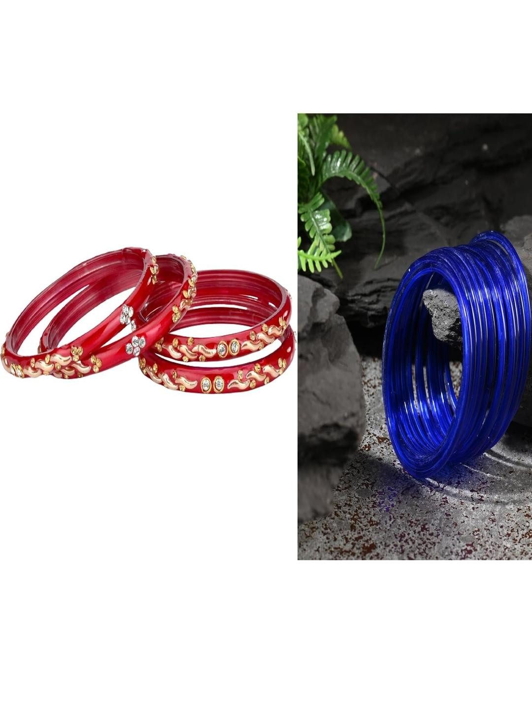 SOMIL Set Of 16 Red And Blue Glass Artificial Stones and Beads Bangles
