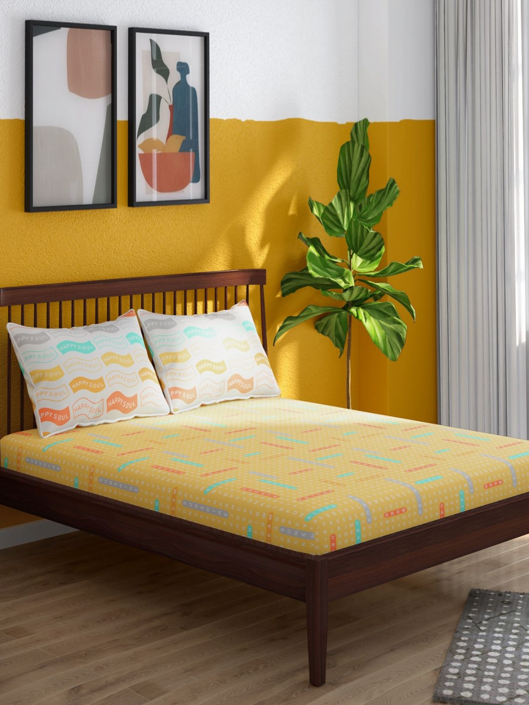 Portico Tagtrend Yellow & White Printed Cotton 164 TC King Bedsheet Set 2.74 m x 2.24 m