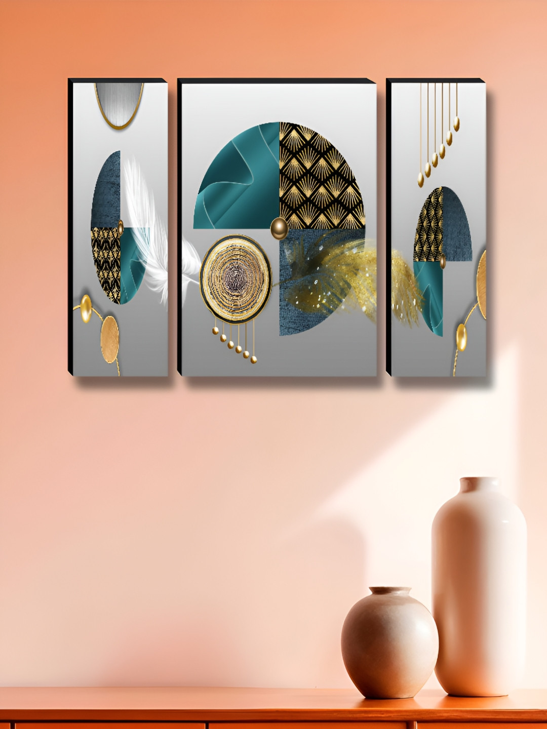 Livin'luxe Set of 3 MDF Panels Modern Teal & Golden Geometric Feather Wall Painting