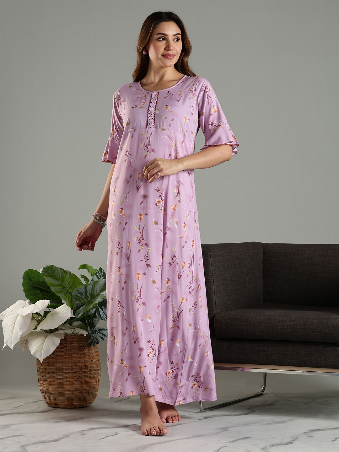 9shines Label rayon designer nighty Women Floral Printed Round Neck Maxi Nightdress