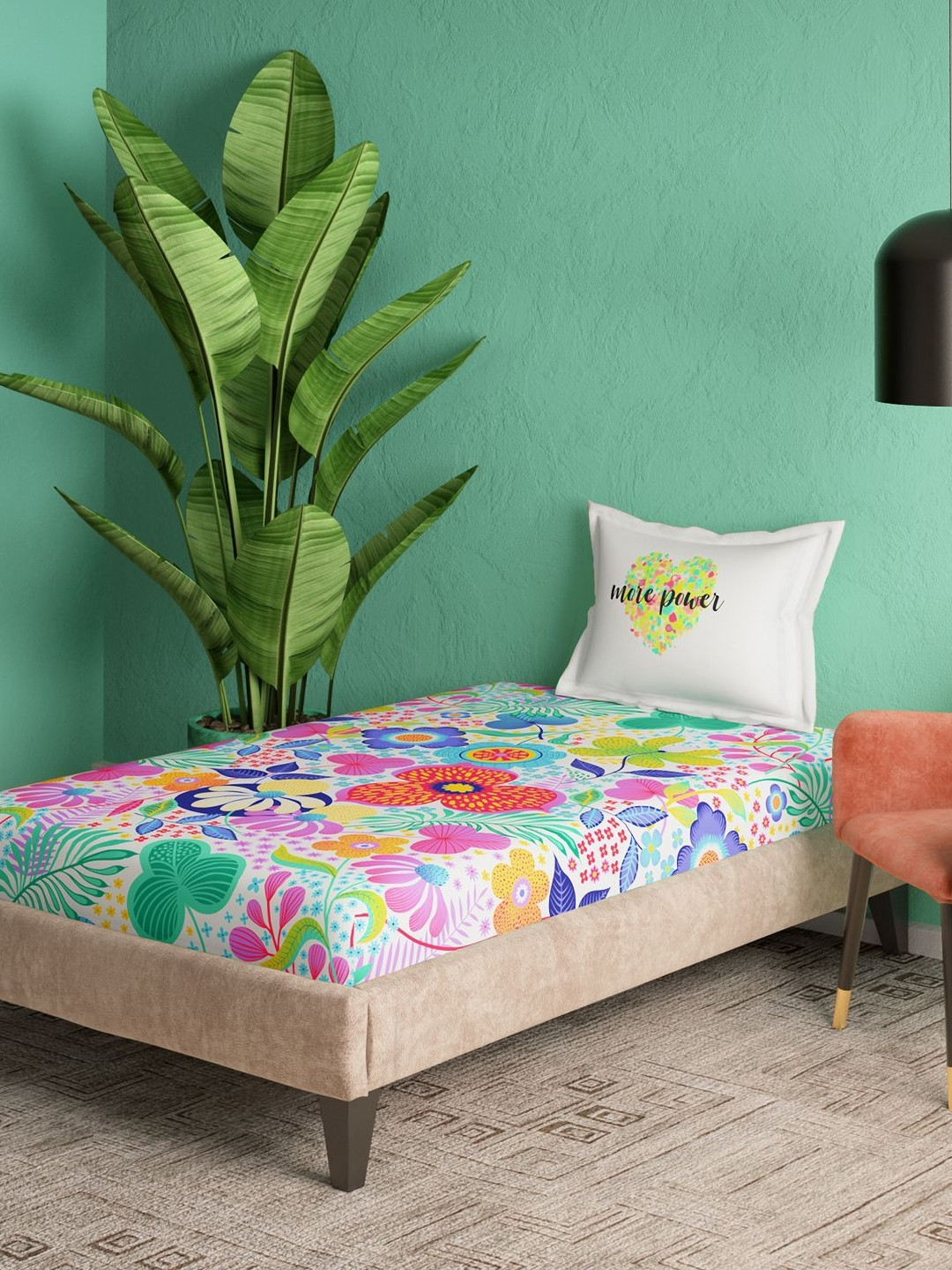 Portico Green & Red Floral 144 TC Single Bedsheet with 1 Pillow Covers