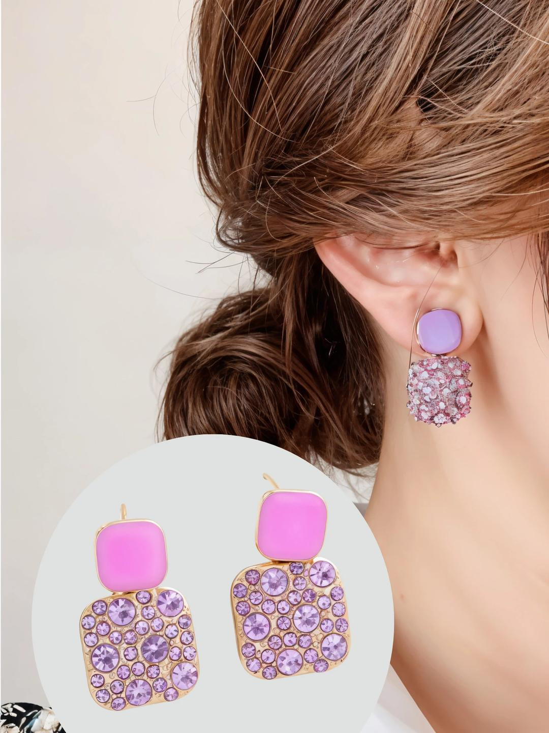 Pink Luxurious Square Rhinestone Drop Dangle Earrings