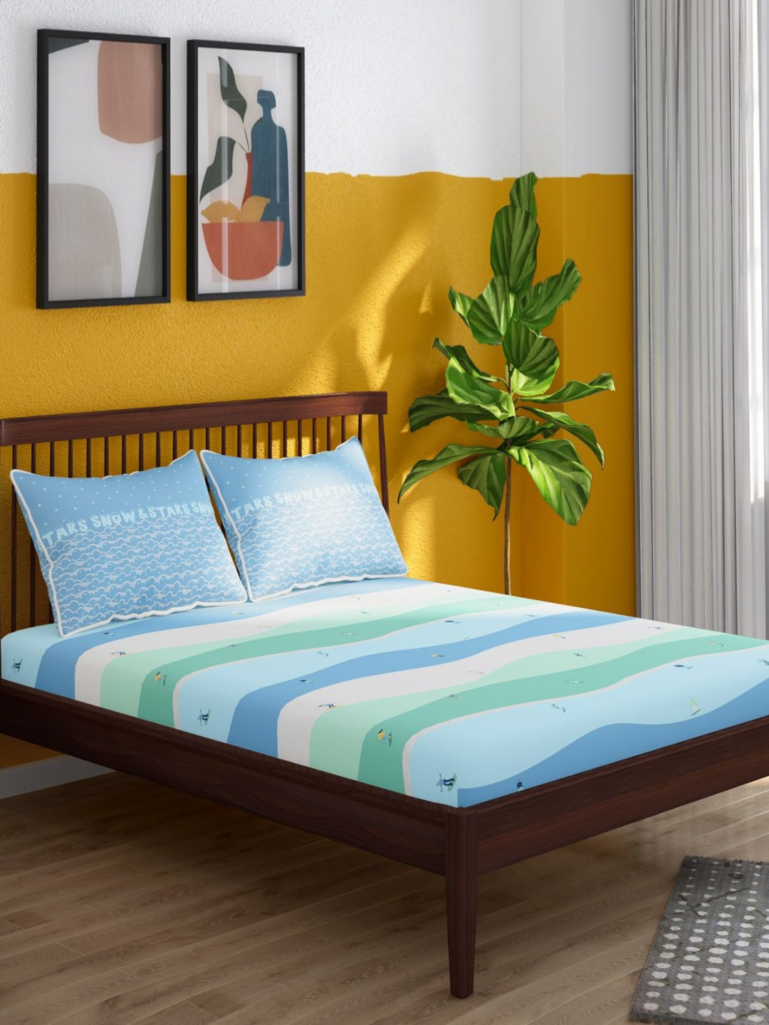 Portico Tagtrend Blue & White Abstract Cotton 164 TC Double King Bedsheet Set-2.24mx2.74m