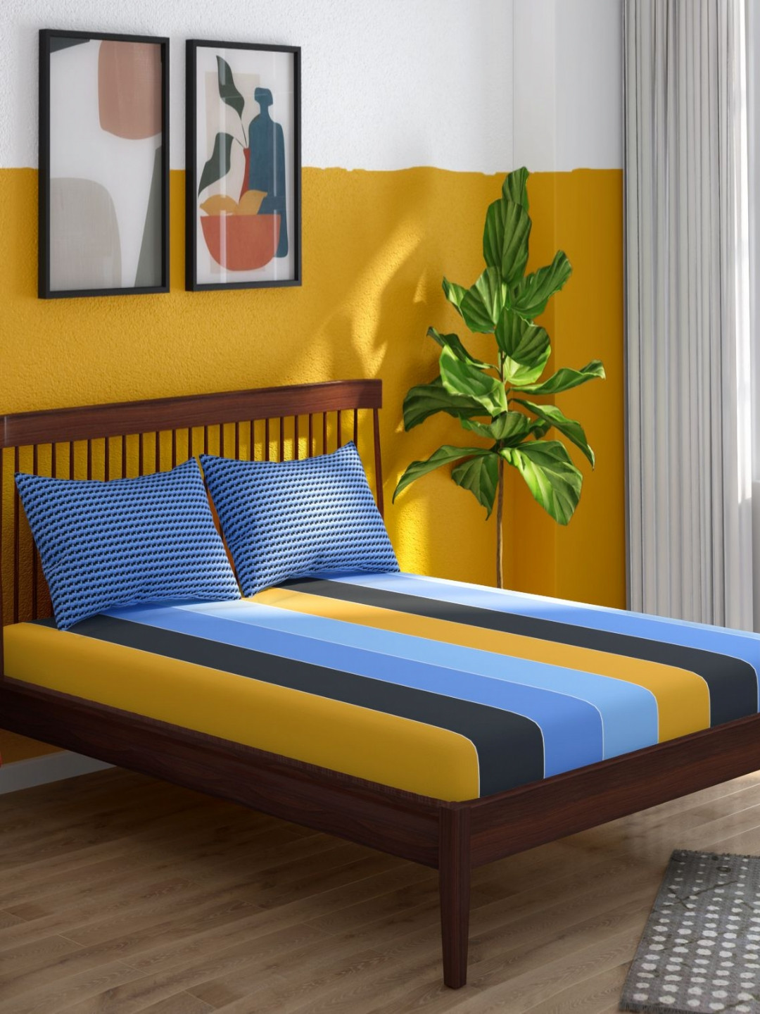 Portico Tagtrend Blue & Black Striped Cotton 144 TC King Bedsheet Set 2.24m x 2.74m