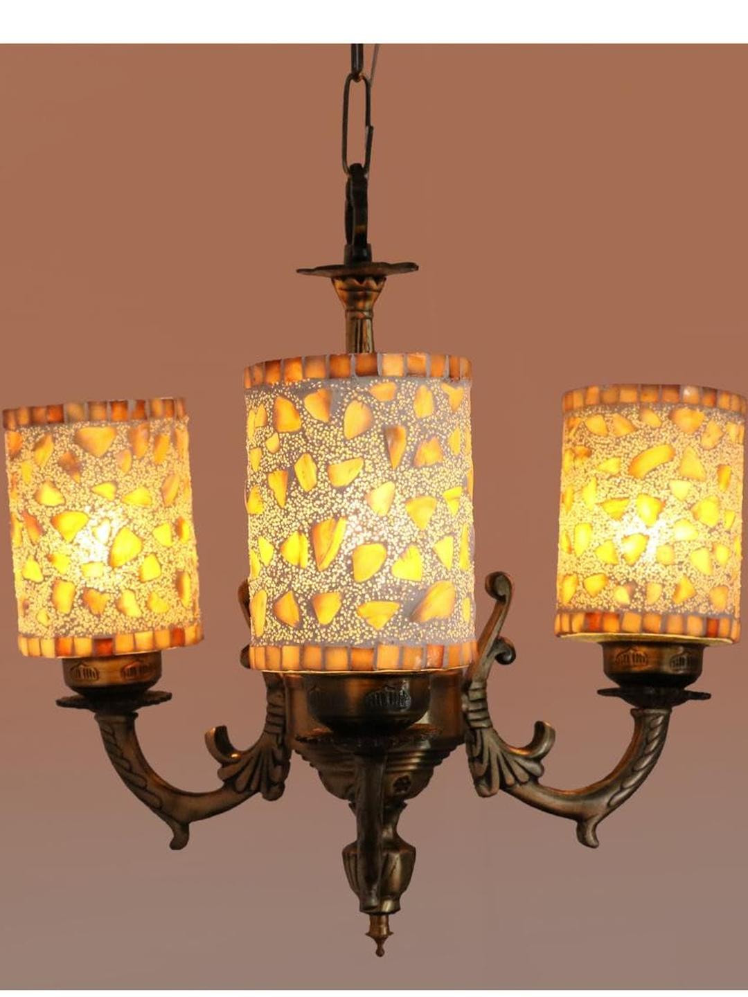 Somil Antique 3-Light Chandelier with Mosaic Glass Shades, Gold and White Lighting Effect, Metal Fitting. LED Compatible. Dia: 48 X 48 X 100 Cm.