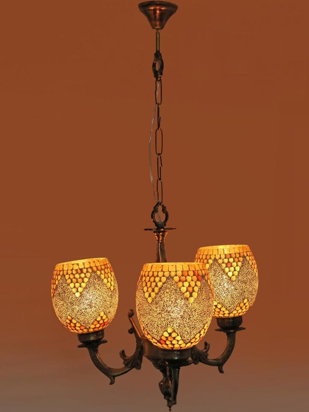 Somil Antique 3-Light Chandelier with Mosaic Glass Shades, Gold and White Lighting Effect, Metal Fitting. LED Compatible. Dia: 48 X 48 X 100 Cm.