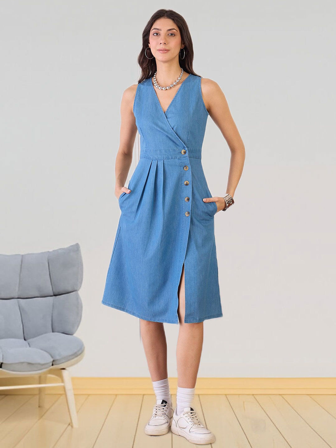 all about you Women Slits V-Neck Denim Wrap Midi Dress