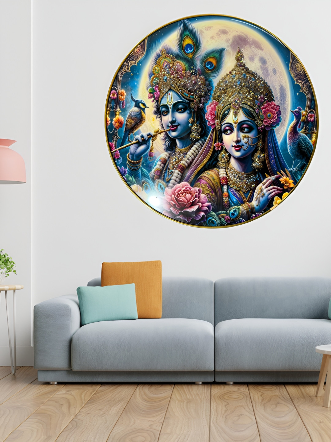 SHRI KHATU SHYAM CREATION Blue & Pink Single Piece Wood Religious Wall Photographs