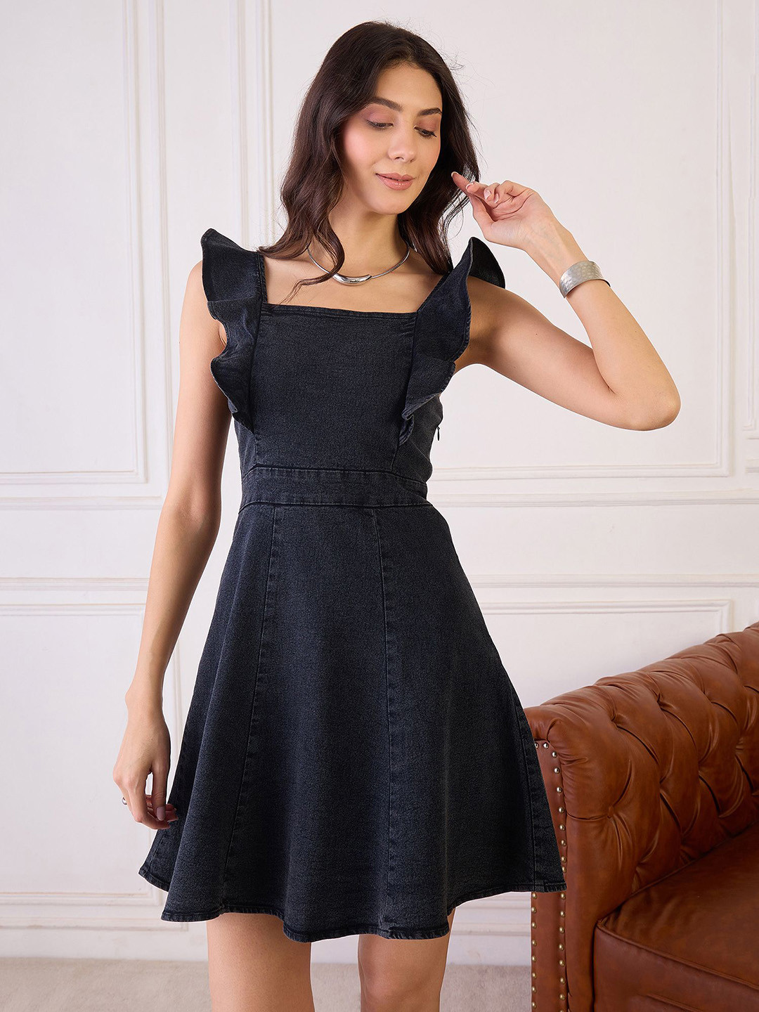 Orchid Blues Flutter Sleeves Denim Fit & Flare Mini Dress