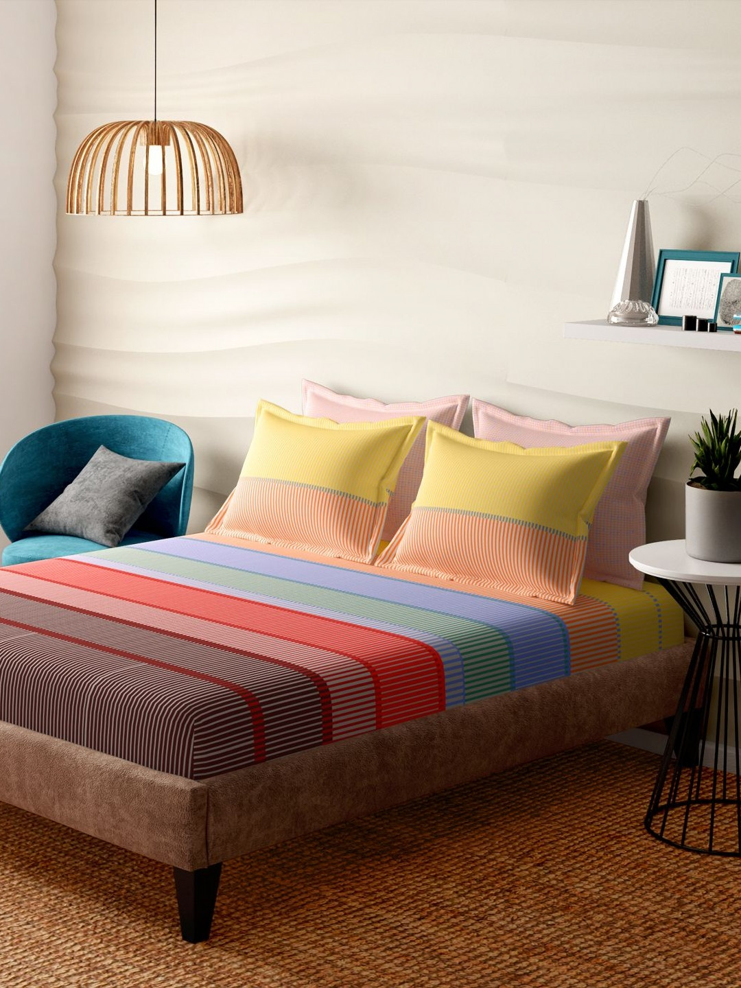 Portico Seraphine Yellow Striped Cotton 164 TC Super King Bedsheet Set- 2.74 m X 2.74 m