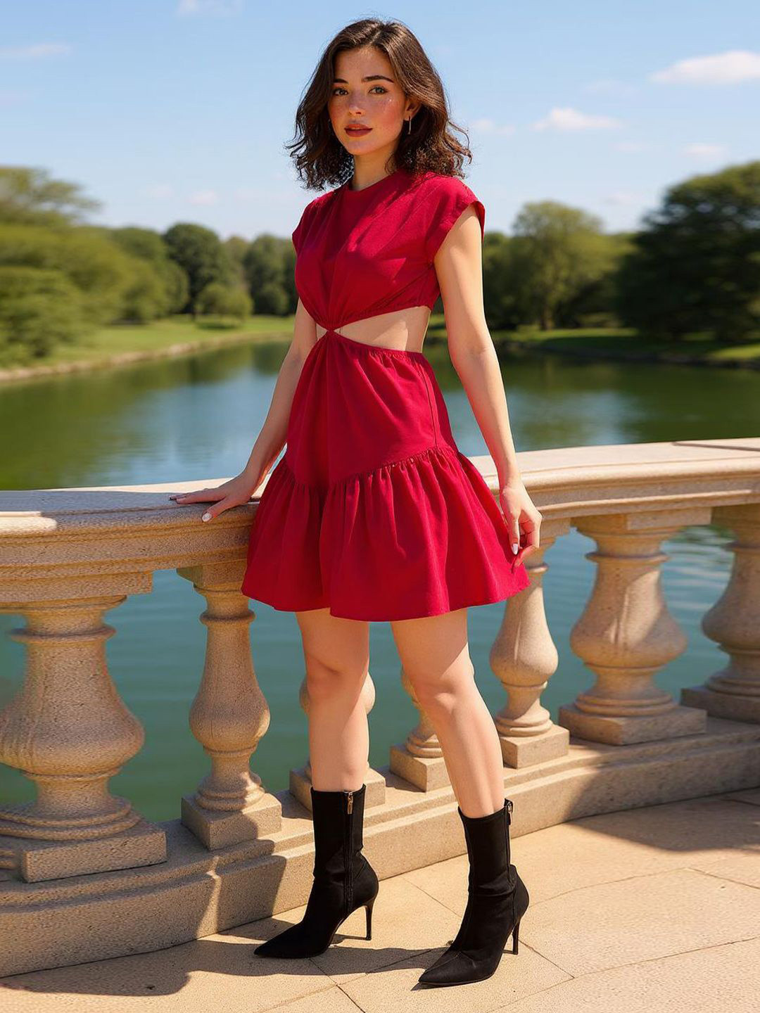 ZUMMER Cap Sleeves Cotton Cut Out Fit & Flare Dress