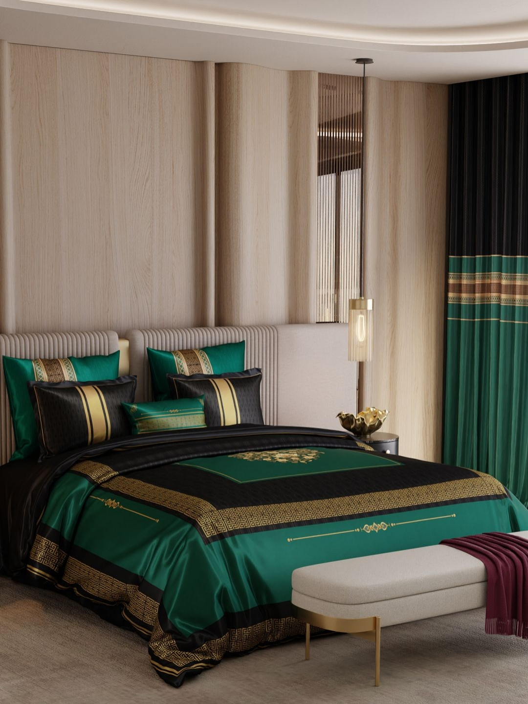 Stoa Paris Green & Black 9 Pieces Geometric Satin Double Extra Large Superfine Bedding Set