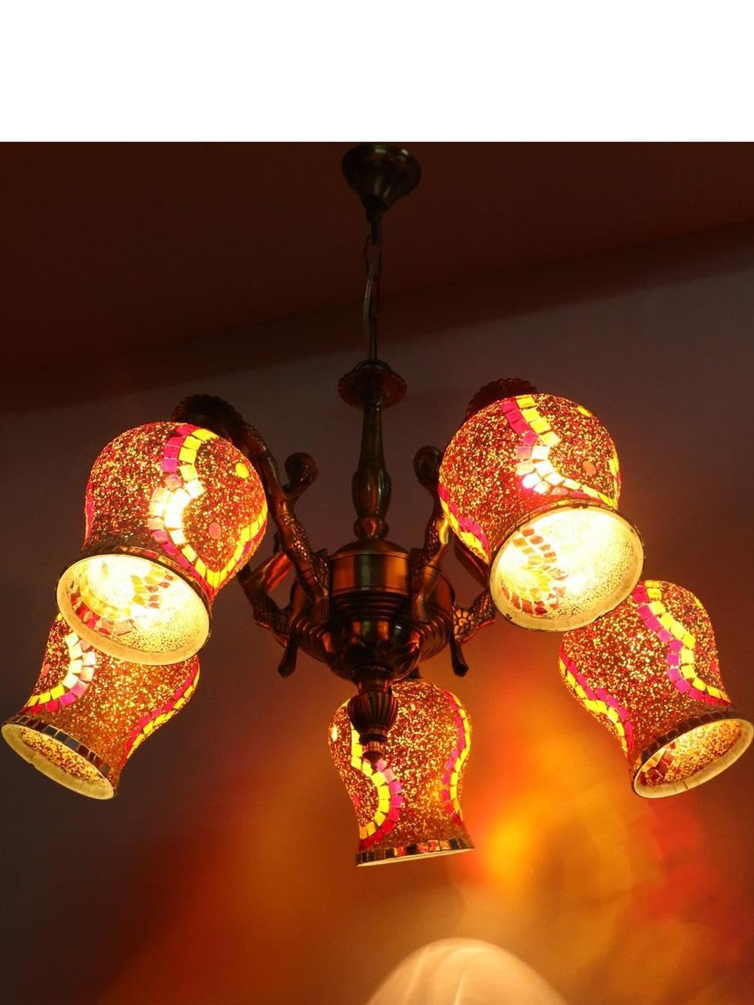 Somil Antique 5-Light Chandelier with Mosaic Glass Shades, Multicolour Lighting Effect, Metal Fitting. LED Compatible. Dia: 48 X 48 X 100 Cm.