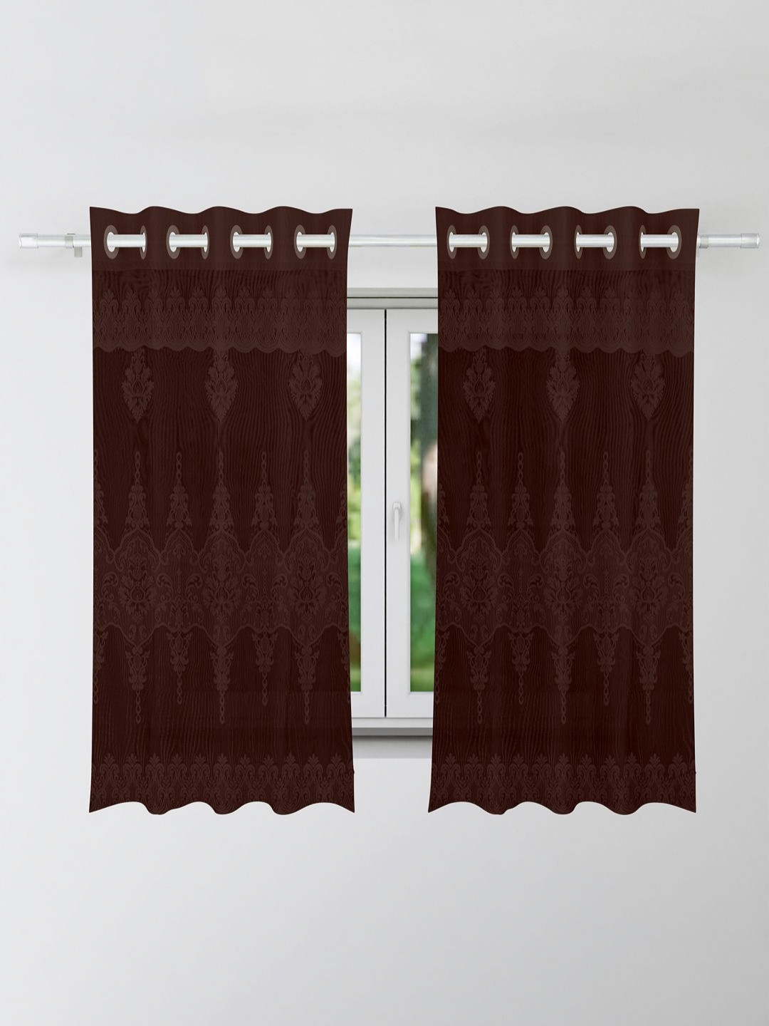 Aura Brown 2 Pieces Floral Self Design Window Curtains