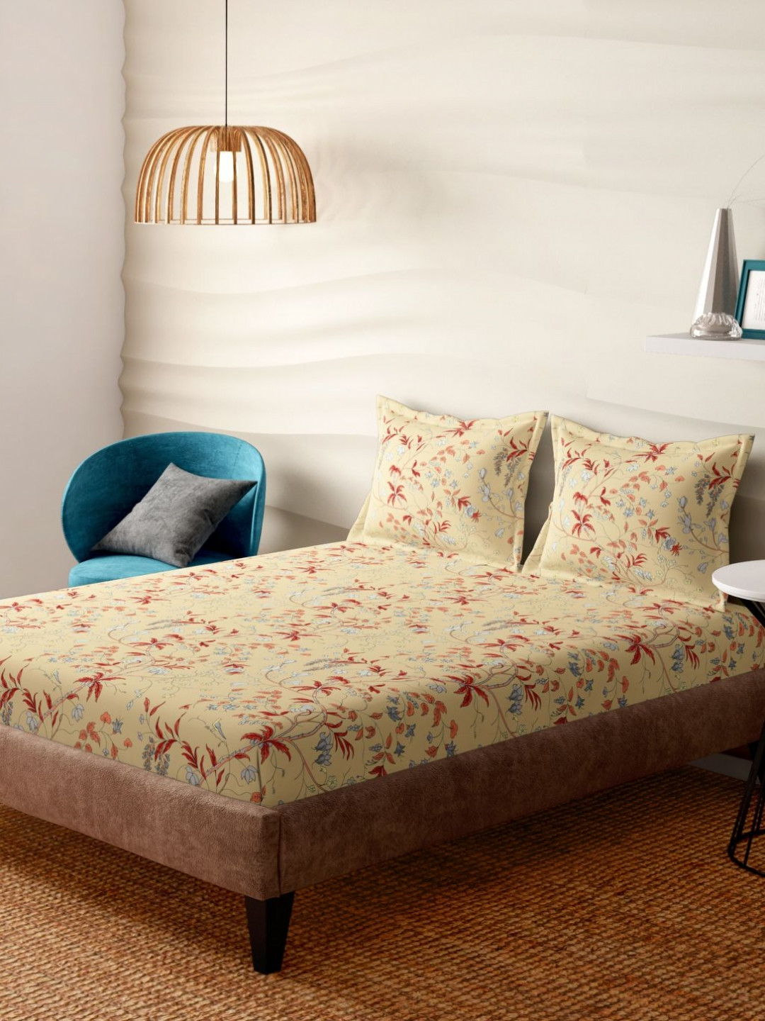 Portico Cream-Coloured & Red Floral 300 TC Bedsheet with 2 Pillow Covers