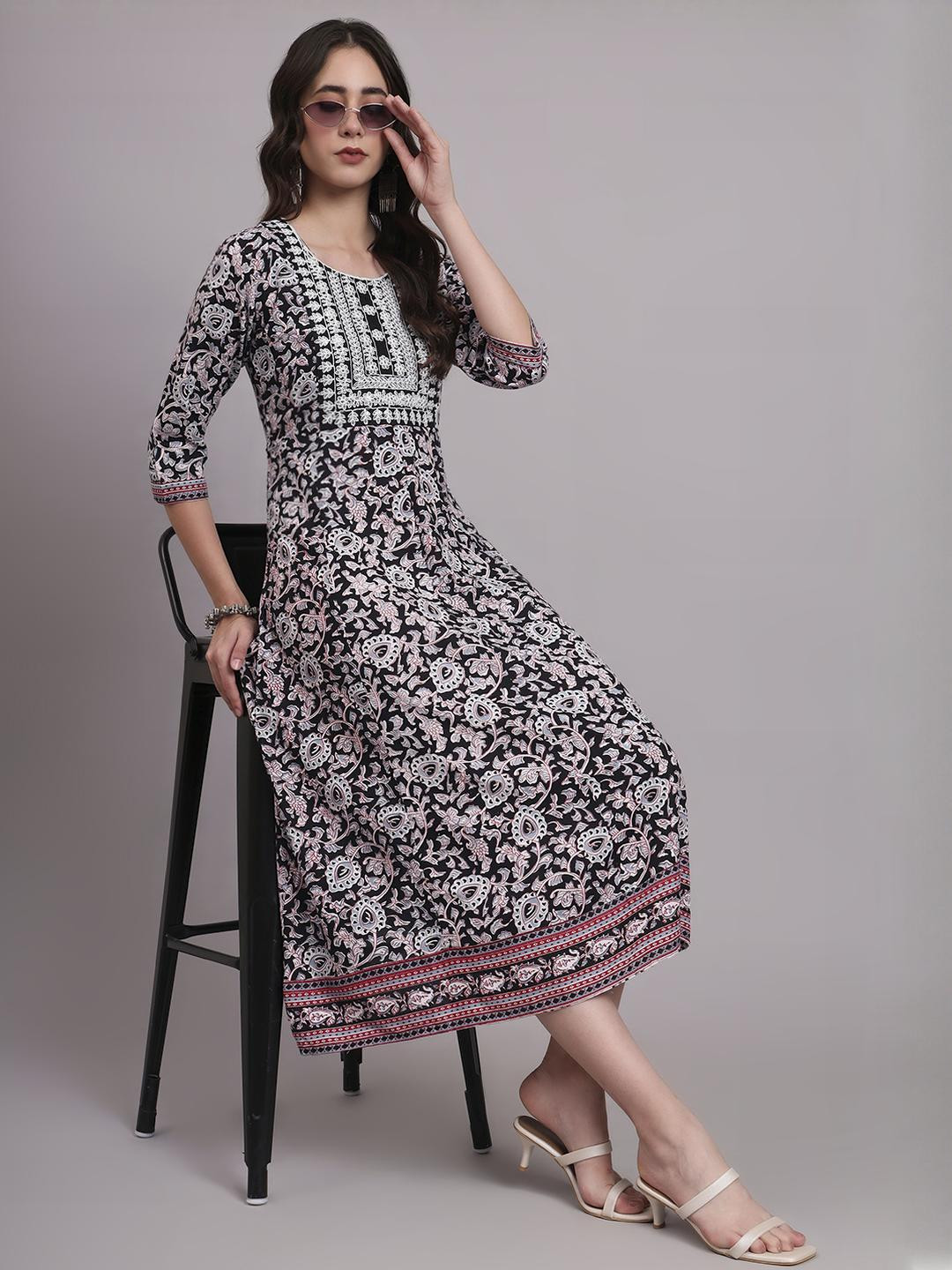 Angkor Women Black  Viscose Rayon Kurtas
